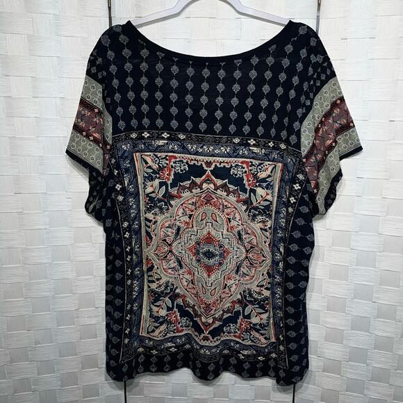 Lucky Brand Womens Persian Carpet Tee Shirt Plus Size 3X Navy Multi Color Blouse - Picture 13 of 15